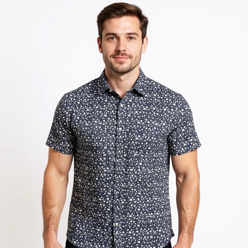 Matix Skull Print Button Up Shirt Large Blue White Short Sleeve Skate Surf - Picture 2 of 9